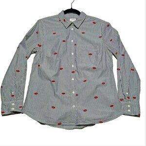 J.Crew Striped Button Front Shirt Red Lips Kiss Detail 100% Cotton Women M